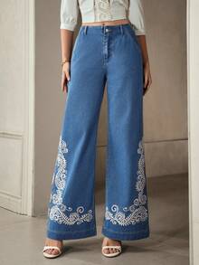 Selenza 女士休闲度假风植物刺绣宽松阔腿牛仔裤 - 藍色 - 查看 1