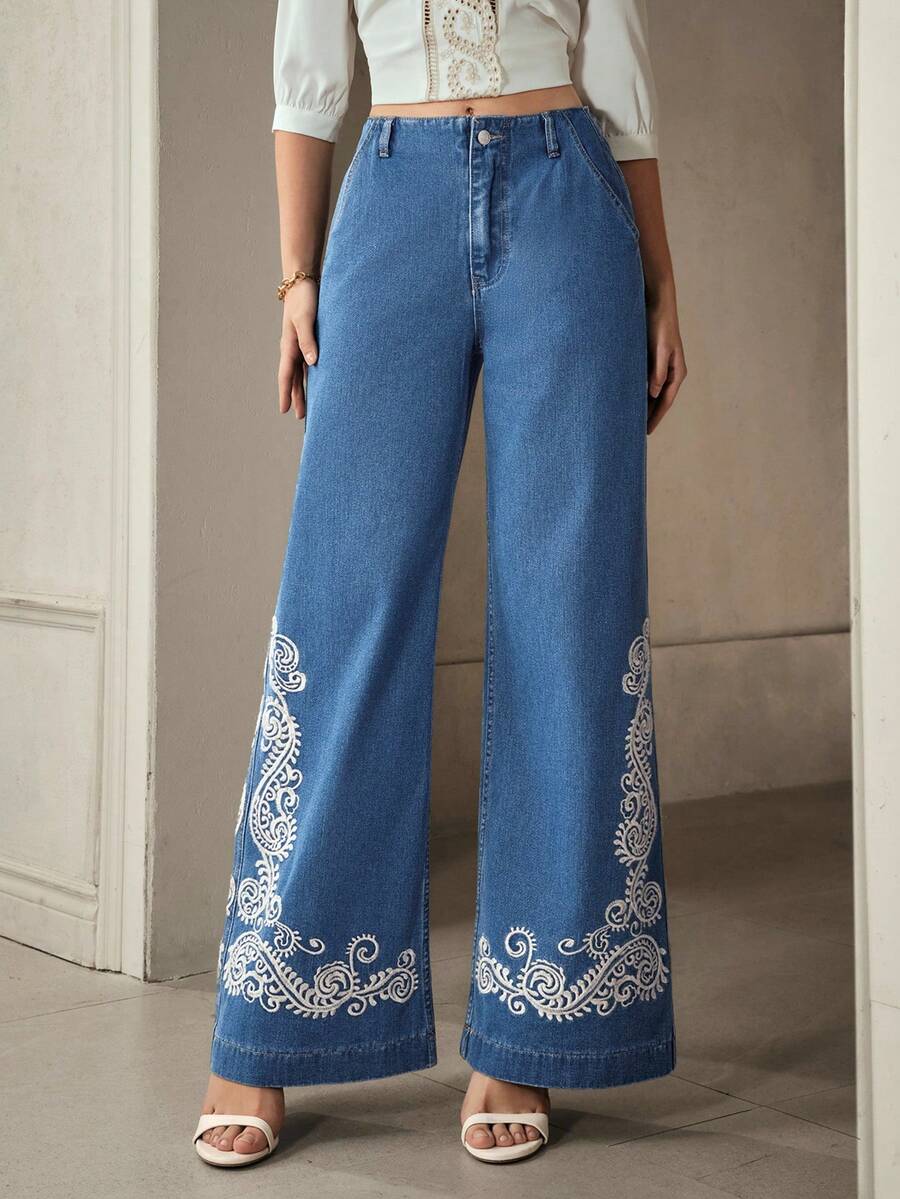 Selenza 女士休闲度假风植物刺绣宽松阔腿牛仔裤 - 藍色 - 查看 1