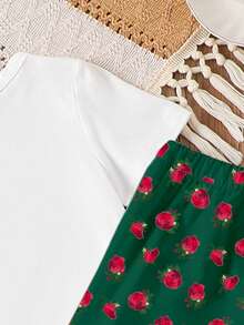 2pcs/Set Young Girls Fashion Casual Cute Cartoon Princess Print Short Sleeve T-Shirt And Rose Print Pants, Children Clothing Suitable For Spring/Summer, Holiday, Ramadan - Multicolor - View 6