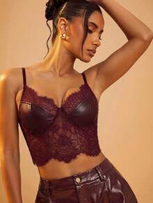 Hauture PU Leather Bust Lace Cami Corset Top - Red - View 1