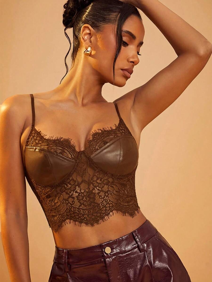 Hauture PU皮革胸前蕾丝吊带紧身胸衣 - 棕色 - 查看 1