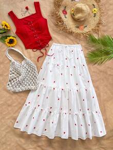 Soleia Women's Square Neck Tie-Up Camisole And Heart Print Layered Ruffle Hem Mini Skirt Casual Vacation 2-Piece Set Red Top White Skirt  Casual Vacation Outfits Women Beach Summer Outfits Valentine's Day