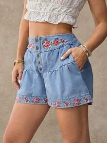 WESTFADE 高腰花卉刺绣多层纽扣牛仔短裤，适合冬季、波西米亚风、春季、度假、休闲、纳什维尔、牛仔女郎、西部风格女性度假穿着。 - 中等水洗藍 - 查看 4