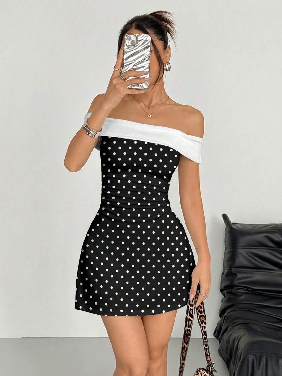 SHEIN EZwear Đầm ngắn nữ kiểu dáng retro giản dị, nền đen, họa tiết chấm bi trắng khắp thân đầm, thích hợp cho các bữa tiệc mùa xuân/hè, trang phục vintage. - Nhiều màu - Xem 1
