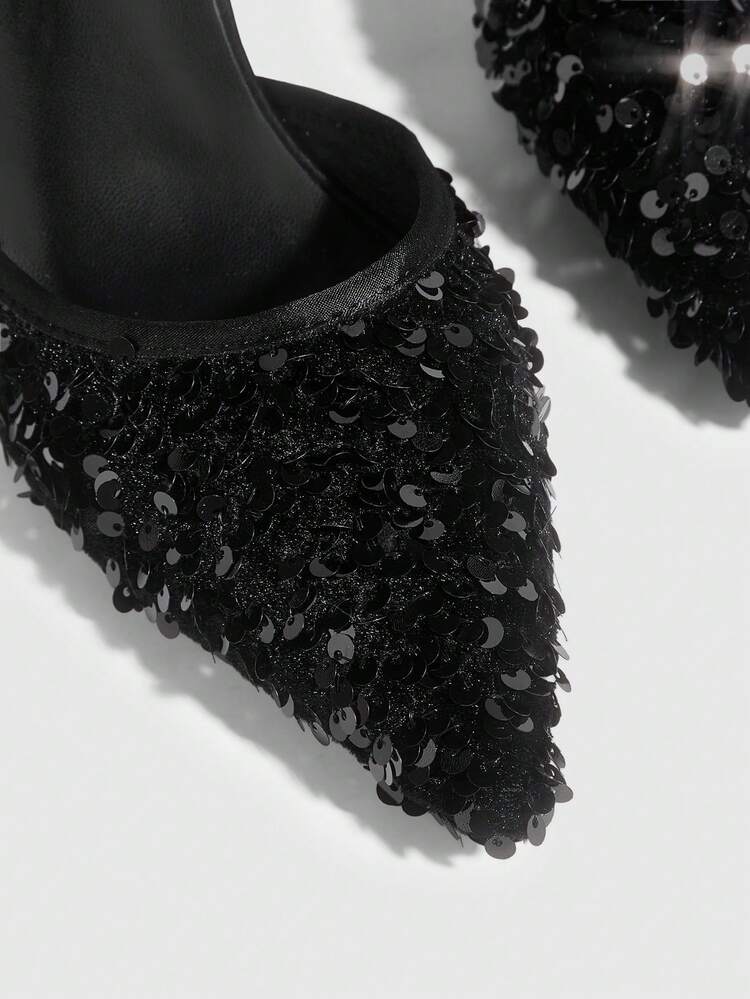CUCCOO SZL Women Shoes Fashion Shiny Women's High Heels Shoes Sequins Decorative Banquet Party Women's Shoes Sexy Black Satin Women's High Heels Shoes Slingbacks Dress Shoes Dating Afternoon Tea Party Valentine's Day Elegant Wear Valentine's Day