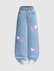 SHEIN ChillGRL Bộ đồ hai mảnh denim cho bé gái tuổi teen, hàng mới về mùa Thu/Đông, denim wash kiểu Âu Mỹ với trang trí đinh tán, áo khoác denim thời trang + quần jeans ống rộng dáng thoải mái, đa năng cho mặc hàng ngày, đi học, đi làm, dự tiệc, Halloween, thiết kế cạp trung thoải mái. - Rửa nhẹ - Xem 3