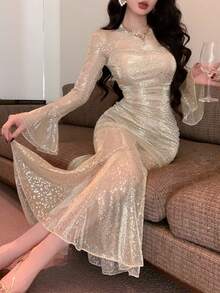 DAZY 紧身网纱闪亮正式礼服，适合情人节、婚礼、派对、宴会等场合，优雅长裙，适合春夏穿着，闪亮连衣裙，复活节吊带裙 - 金色 - 查看 9