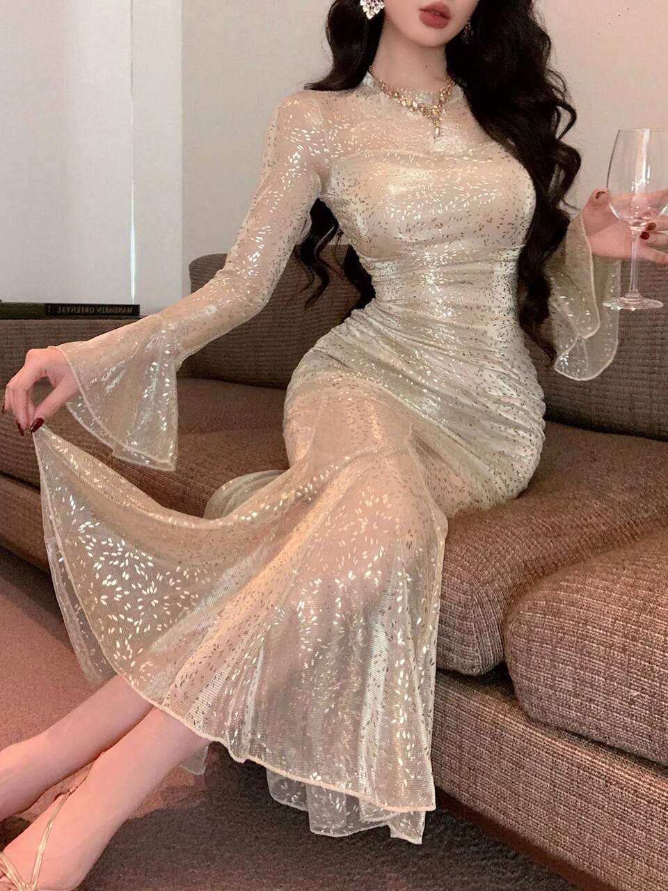 Gold Elegant Long Dress For Women,Tight Mesh Shiny Formal Dress For Birthday Dinner,Autumn Wedding,Party,Banquet,Spring & Summer Sparkly Easter Dress