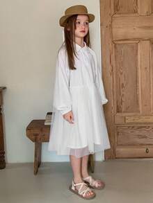 DAZY Tween Girls Collared Mesh Patchwork Long Sleeve Dress, Fall Spring - White - View 2