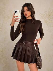 SHEIN Tall Women's Autumn And Winter Chocolate Brown Solid Buckle Design Pleated PU Leather Skirt,Leather Pleated Skirt, Skater Skirt,Fall Outfits Women,Winter Clothes For Women,Halloween Clothes , Business Casual Woman,Old Money Style Women Dark Brown Mini Skirt Brown Pleated Skirt Brown Two Piece Set Women Brown Leather Skirt Brown Long Sleeve Top Brown Boots Dark Brown Two Piece Set Chocolate Brown Mini Skirt
