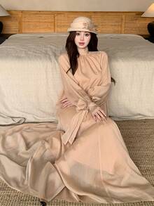 DAZY Spring & Summer Chiffon Blouse & Flared Skirt 2-Piece Set, Elegant Tie-Up Design, Suitable For Casual, Vacation, Beach, Wedding, Valentine's Day - Champagne - View 2