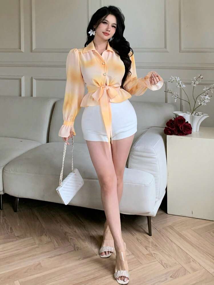 Spring & Summer Tie-Dye Tie Dye Chiffon Blouse, Casual Beach Vacation Style, Lace-Up Waist, Ruffle Hem, Elegant For Work And Commute