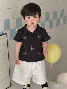 DAZY Baby Boys' Turndown Collar Cartoon Embroidery Korean Style Solid Color Short Sleeve Top, Summer Spring - Black - View 5