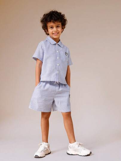 SUMWON Boys Blue And White Vertical Striped Short Sleeve Button Down Shirt And Matching Shorts Summer Casual Coord Set With Collar And Pockets