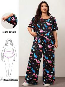 Enliva Plus Size Color Gradient Dinosaur Short Sleeved Pants Set, For Apple Rounded Body Shape - Multicolor - View 2