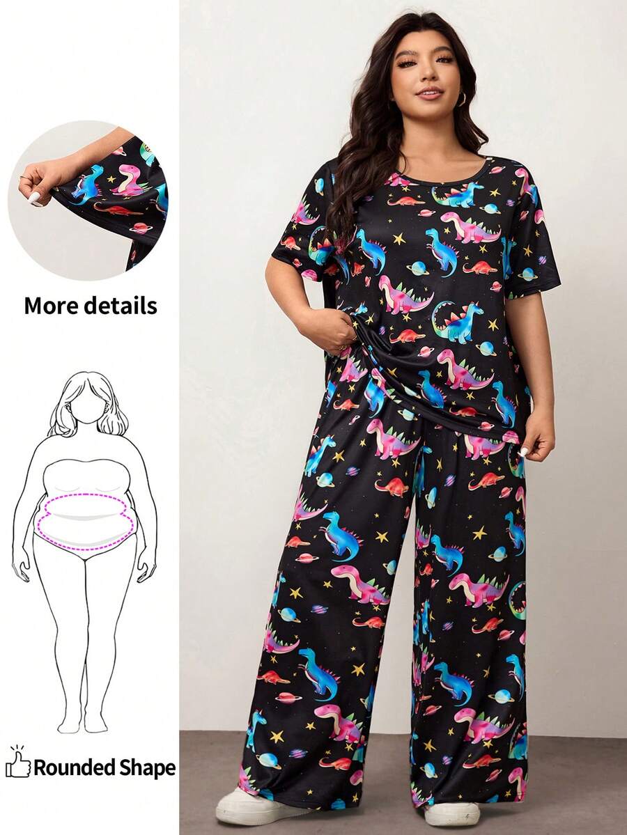 Enliva Plus Size Color Gradient Dinosaur Short Sleeved Pants Set, For Apple Rounded Body Shape