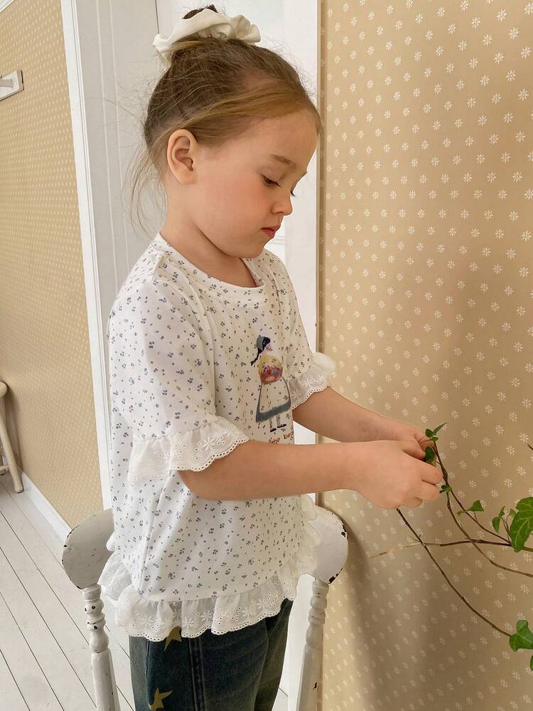 Young Girls Round Neck Full Print Korean Cartoon Print Long Sleeve T-Shirt