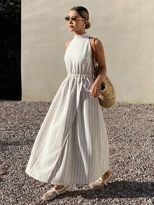 Livesso High Neck Cinched Waist Striped Maxi Elegant Party Dress For Women - Black and White - View 1