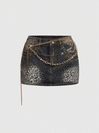 Grunge Punk Y2K Leopard Muster Metallic Strass Kette Super Tief Taillierte Mini Denim Rock