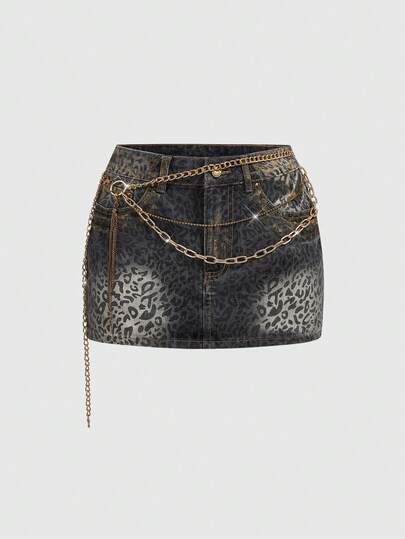 Grunge Punk Y2K Leopard Muster Metallic Strass Kette Super Tief Taillierte Mini Denim Rock