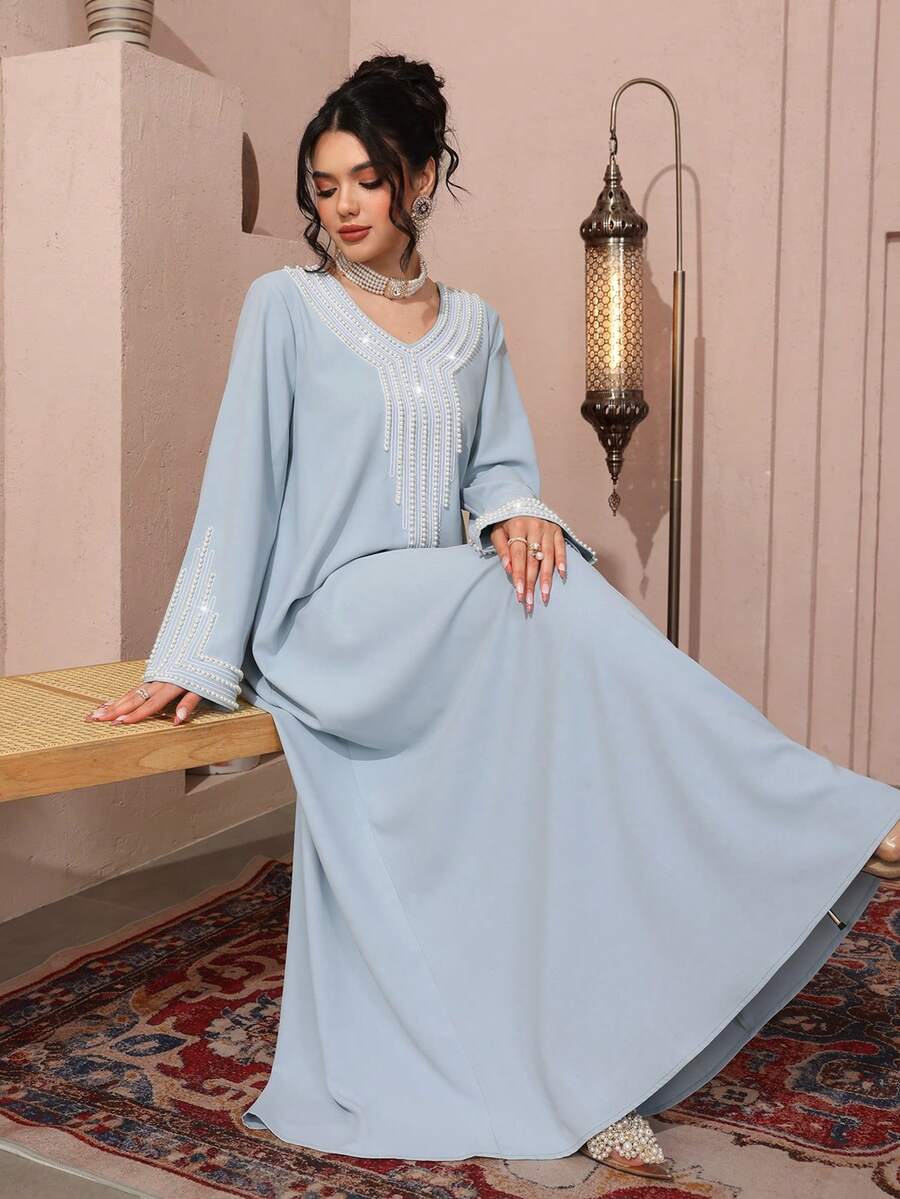 Al Najma Women's Loose Embroidered Beaded Robe For Ramadan - Dusty Blue - View 1