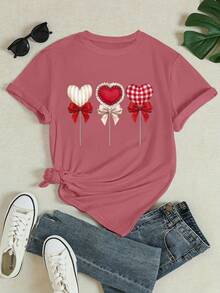 INAWLY 女士休闲爱心蝴蝶结印花圆领T恤，夏季 - 乾枯玫瑰色 - 查看 3