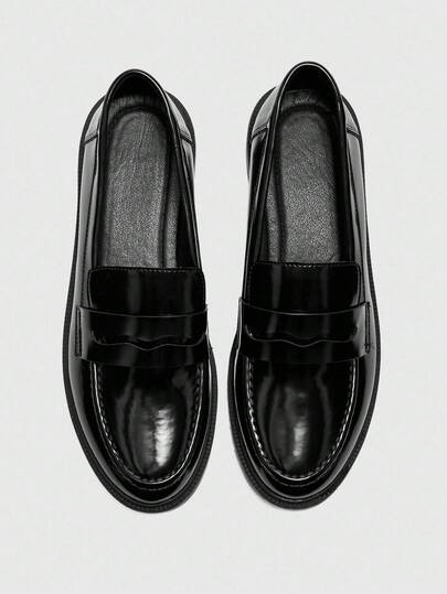 CUCCOO BIZCHIC Ladies Black Glossy Platform Loafers Casual Commuter Style Valentine's Day