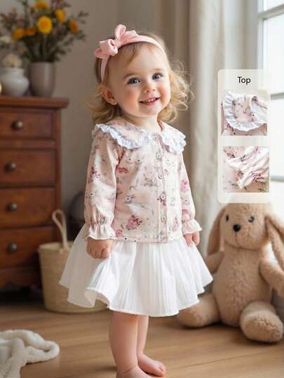 SHEIN Vintaside Kids 1件女婴兔子花卉印花长袖荷叶领纽扣休闲可爱衬衫上衣，适合春秋季郊游、度假、玫瑰园聚会、派对、复古户外休闲优雅节日穿着，也适合圣诞节、新年、情人节等场合。