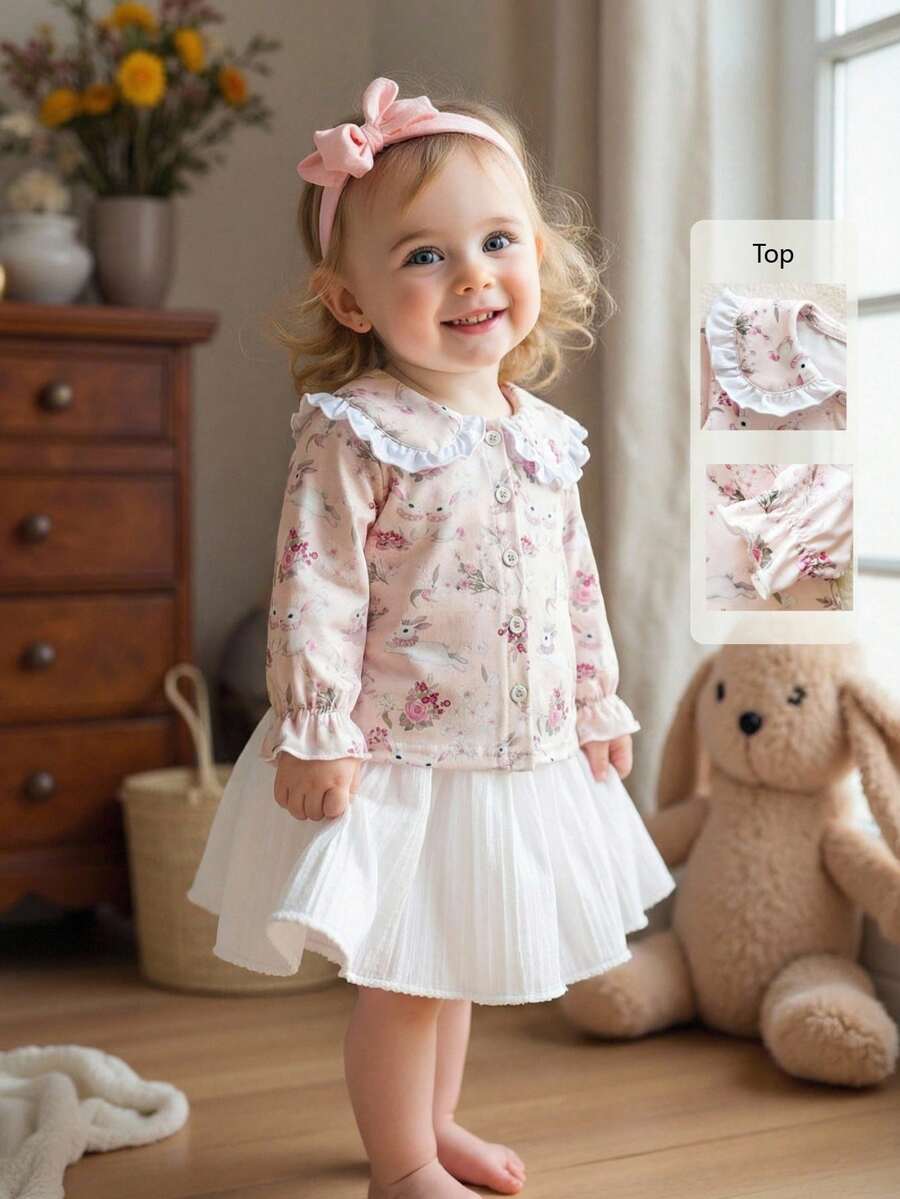 SHEIN Vintaside Kids 1件女婴兔子花卉印花长袖荷叶领纽扣休闲可爱衬衫上衣,适合春秋季郊游、度假、玫瑰园聚会、派对、复古户外休闲优雅节日穿着,也适合圣诞节、新年、情人节等场合。 - 粉色 - 查看 1