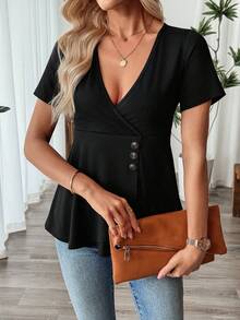 SHEIN LUNE Top à manches courtes col V couleur unie affinant la taille pour femmes - Noir - Voir 3