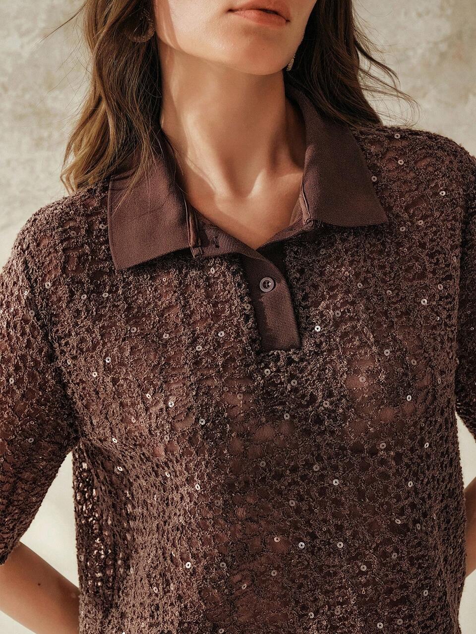 Anewsta Brown Polo Collar Casual Chic Hollow Out Beaded Knit Fabric Short Sleeve T-Shirt For Women