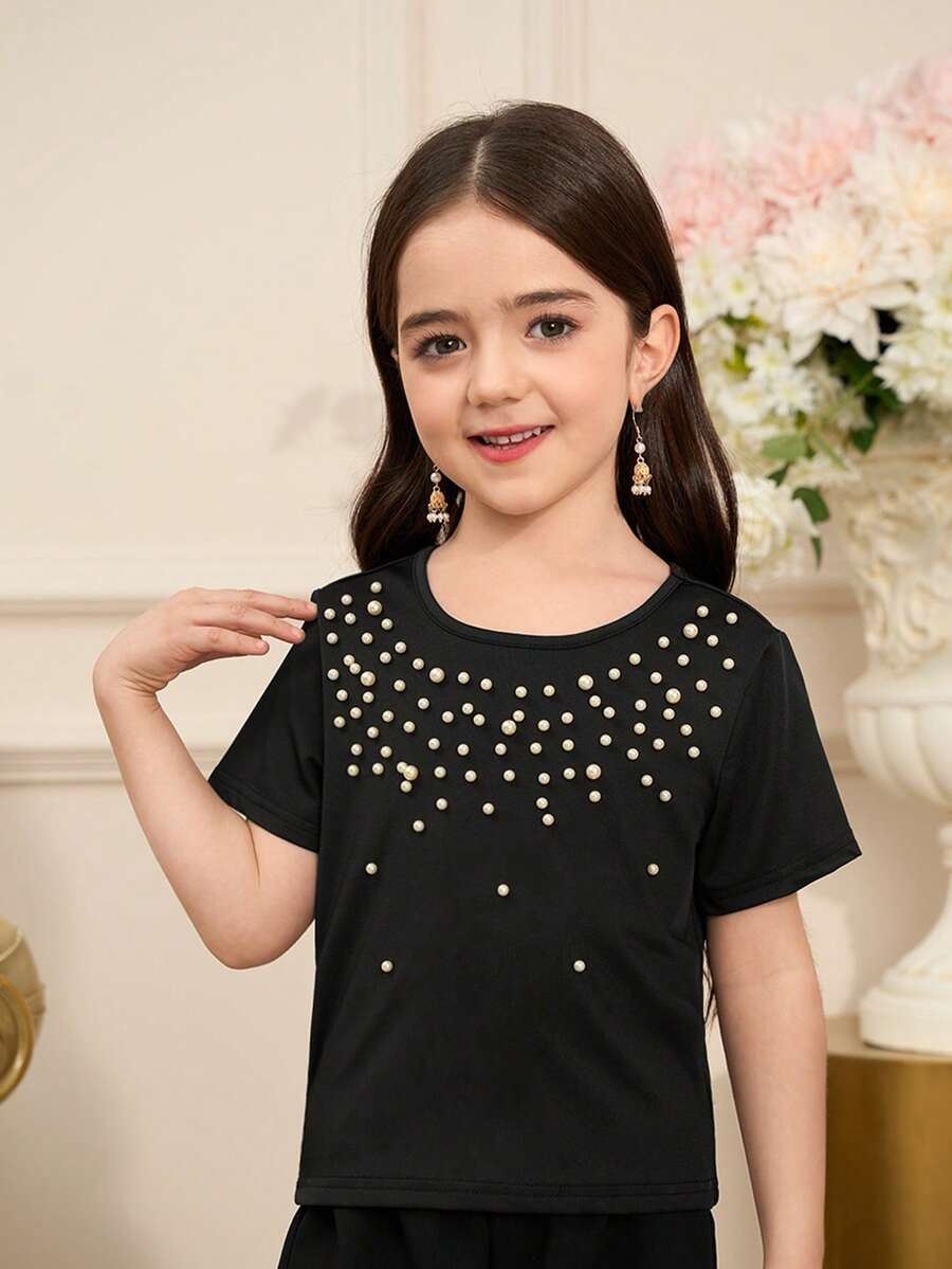 Elladie kids Young Girl Summer Casual Studded Decoration Short Sleeve T-Shirt Girls Black Short Sleeve Top Black Top With Pearls Shirts For Girls Black Girls Tops Party Girls Tops Short Sleeve Tshirts For Kid Girls Kids Girl Tops Kids Black Dresses Young Girls Clothes Blouses For Girls Cute Tops For Girls Kids Clothes For Girl T Shirts For Girls - Black - View 1