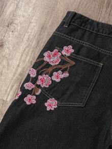 Manfinity Joysei Men's Street Fashion Casual Plaid Embroidered Floral Design Straight Leg Wide Leg Jeans Baggy Jeans With Design - Black - View 4