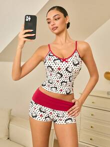 Betty Boop x SHEIN Women's Polka Dot & Cartoon Figure Graphic Camisole Top And Shorts Pajama Set, Summer - White - View 6
