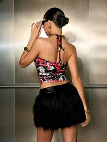 Betty Boop x SHEIN Top cropped de alcinha com estampa contrastante de renda para o verão feminino. Ideal para aniversários, baladas em Las Vegas, noites em Havana e noites de cassino. - Multicolorido - Ver 2