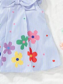 一件装女婴活力俏皮条纹印花无袖连衣裙，轻盈透气，饰有蝴蝶结，飘逸A字裙摆，适合日常外出和户外玩耍，春夏时尚套装 - 彩色 - 查看 6