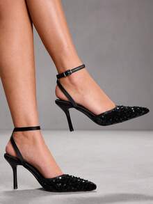 CUCCOO SZL Scarpe da donna alla moda, scarpe con tacco alto luccicanti, scarpe da donna con decorazioni in paillettes per banchetti e feste, scarpe con tacco alto in raso nero sexy per donne, scarpe con cinturino alla caviglia per abiti da sera, per appuntamenti, pomeriggi del tè, San Valentino, eleganti - nero - Visualizzare 3