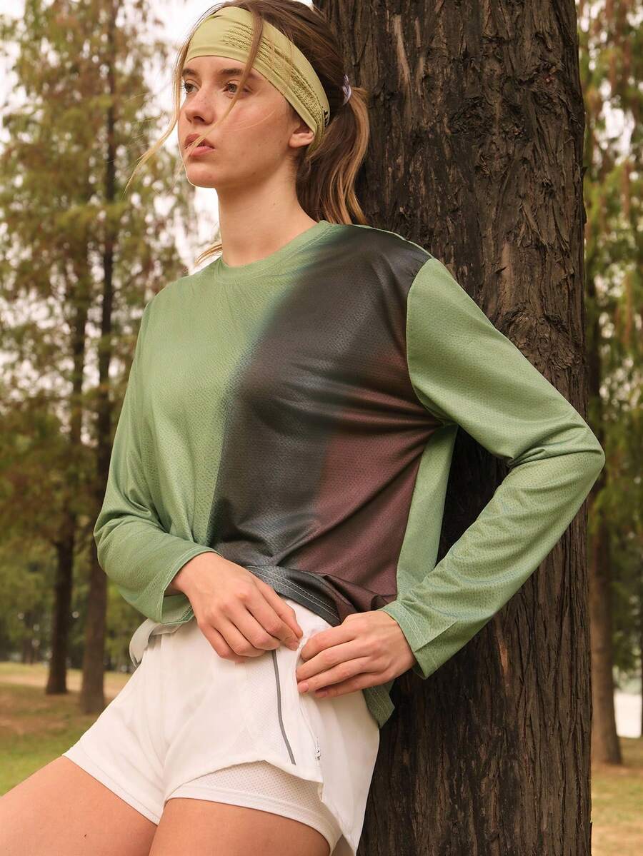 SHEIN In My Nature Women's Ombre Round Neck Casual Versatile Outdoor Long Sleeve T-Shirt - Multicolor - View 1