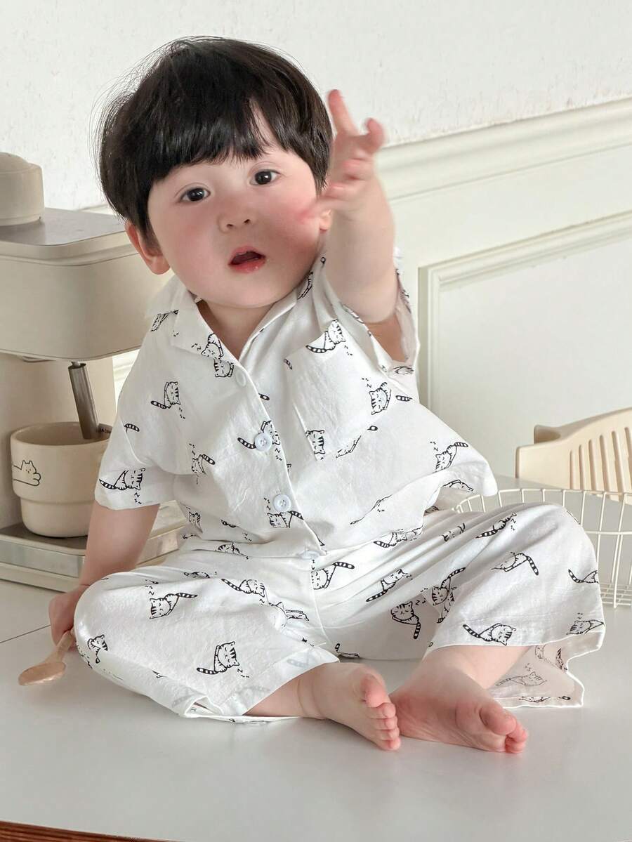 DAZY 2pcs Toddler Boys Cartoon Print Collared Shirt And Pants Set, Comfortable Homewear - White - View 1