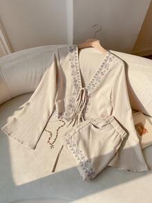 SHEIN EZwear Summer Outfit 2pcs Set: Light Apricot V-Neck Embroidered Twist Front Long Sleeve Top And Slant Pocket Shorts - Apricot - View 7