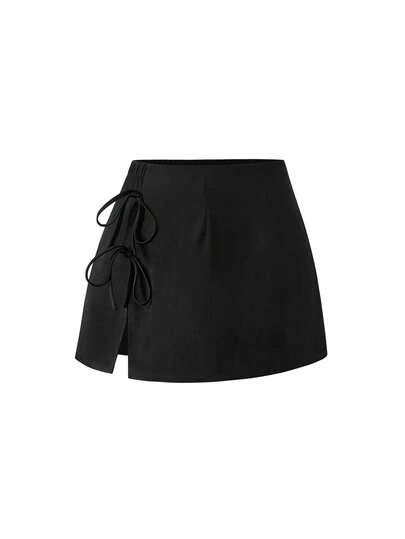SHEIN PETITE CURVE PETITE Plus Size Autumn/Winter Bowknot Waist Sexy Slit A-Line Black Mini Skirt, Suitable For Petite Figures