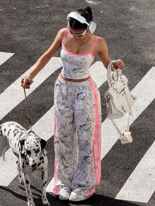 Muchica Women's Lace Print Fitted Tank Top And Pants 2 Pieces Set - Multicolor - View 1