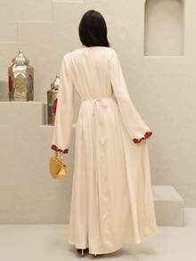 Al Najma Women's Casual Loose Rose Floral Lace Applique Waist Tie Belted Abaya Dress