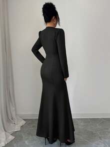 elegante y casual de mujer para uso diario, chic urbano, resort, tarde deé, Navidad, de lujo, con solapa asimétrica, botón en la cintura, manga larga, para primavera/otoño/invierno, - Negro - Ver 2