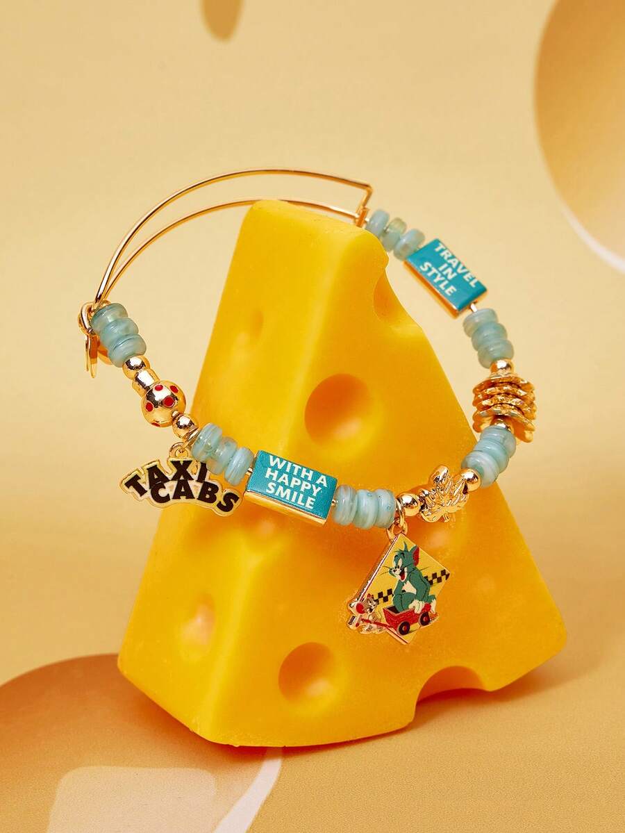 TOM & JERRY X SHEIN 1 pieza Pulsera con cuentas con estampado de gato de aleación de zinc a la moda, casual y linda, tamaño ajustable, adecuada para fiesta, concierto, festival - Dorado - Ver 1