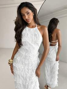 Aloruh Abito bianco in pizzo con scollo alla halter, adatto per feste e occasioni serali - Bianco - Visualizzare 7