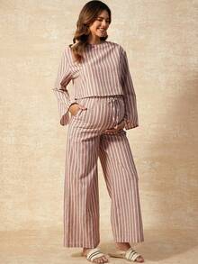 Boho Mama Maternity Two-Piece Cotton Set Colorful Striped Pullover Shirt With Slit Cuffs,Adjustable Elastic Waist Trousers,White,Autumn,Boho,Holiday Vacation - Multicolor - View 8