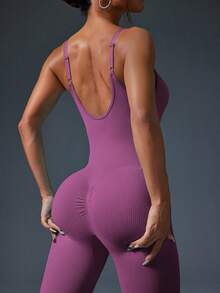 Slayform Slayform Women's Solid Color Ribbed Low Back Shapewear Jumpsuit With Lifting Effect - Bold Plum - View 8