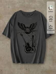SHEIN EZwear 宽松休闲极简图案圆领短袖女式T恤，吉他与老鹰音乐节 - 深灰色 - 查看 1