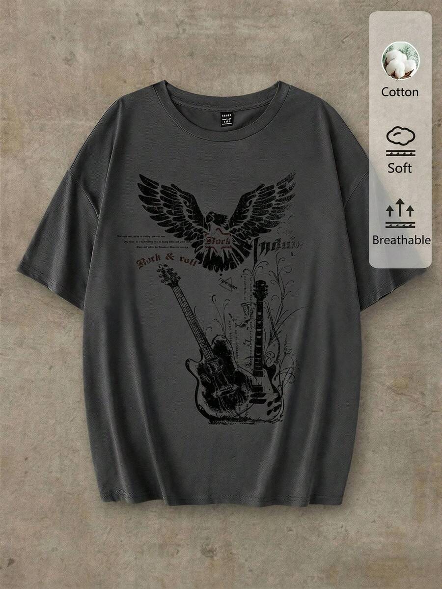 SHEIN EZwear 宽松休闲极简图案圆领短袖女式T恤，吉他与老鹰音乐节 - 深灰色 - 查看 1